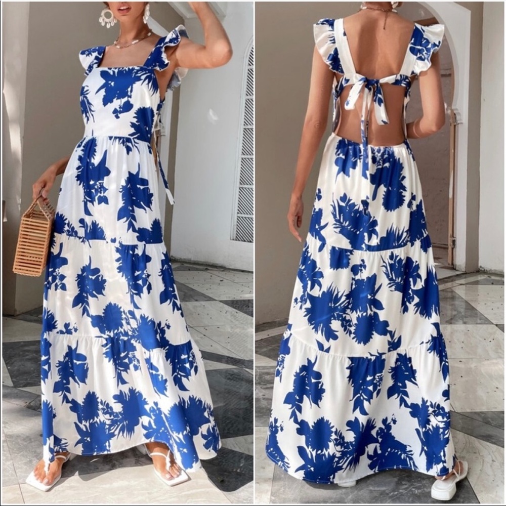 Boho Blue Floral Open Back Butterfly Sleeve Maxi Dress XS S M L 1X 2X 3X 4X - Picture 1 of 3